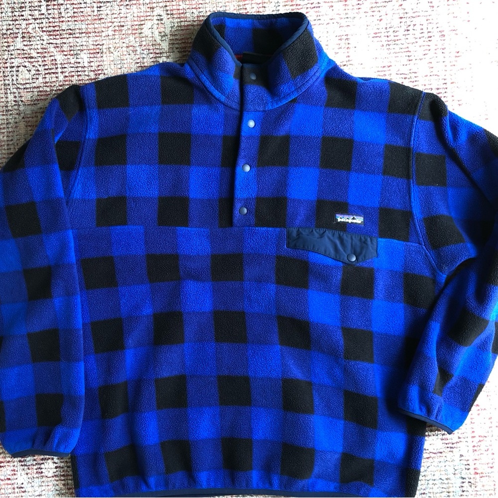 Patagonia Synchilla men blue buffalo check plaid fleece snap t pullover Sz L XL